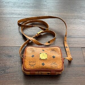 MCM Visetos Small Cognac Crossbody Bag with Hold Hardware with adjustable Strap.